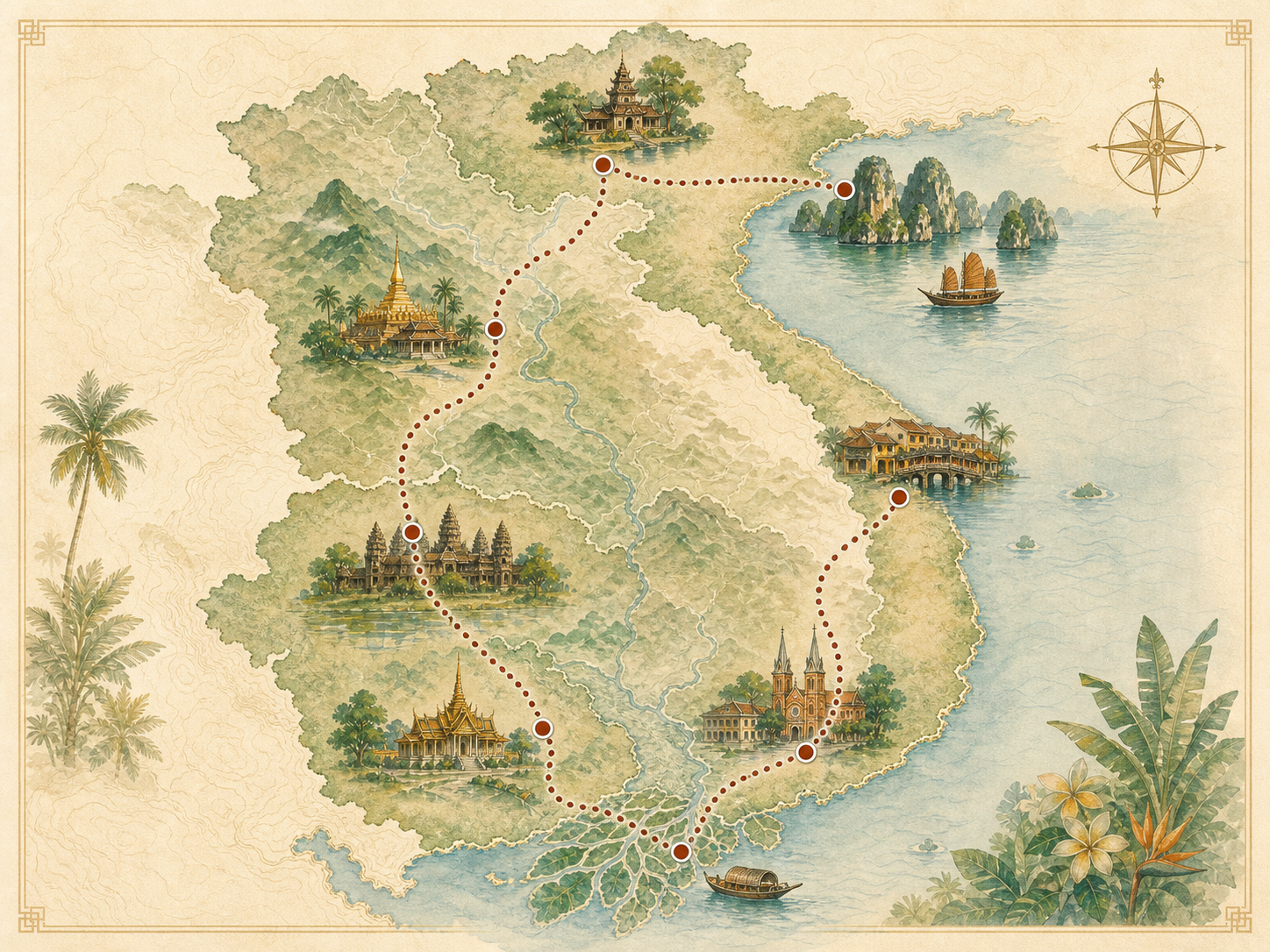 Illustrated travel map of Vietnam, Laos and Cambodia